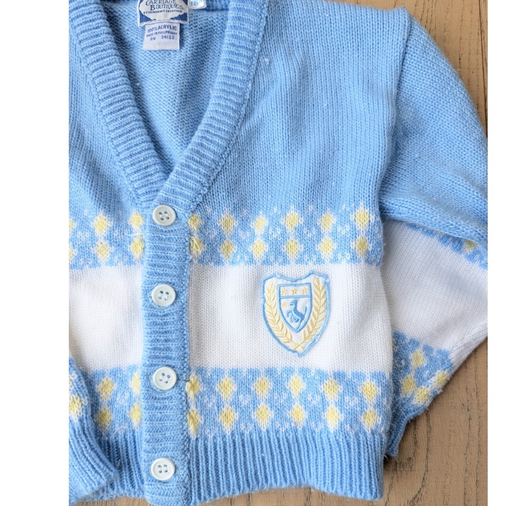 Carriage Boutiques Boys Blue Knit Cardigan‎ Sweater Crest Logo 18M